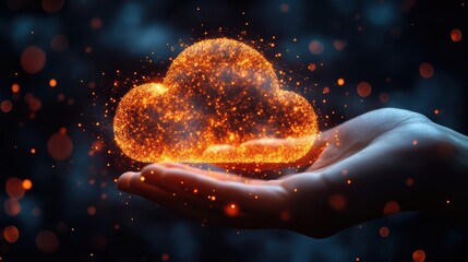 Hand holding a glowing cloud icon with data and cyber network connections on a black background concept of cloud computing technology.