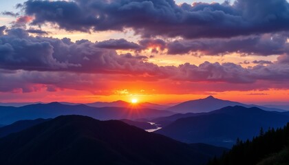 Obraz premium Breathtaking sunset with golden rays and dramatic clouds over mountain range for Easter inspiration 