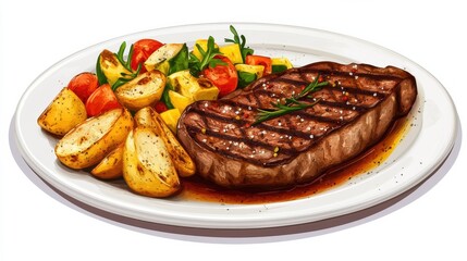 Delicious grilled beef steak served with rustic potatoes wedges and a vegetable salad on the plate