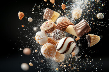 Assorted Chocolate Confections Exploding in Mid Air