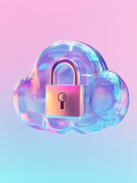 Abstract illustration of cloud security services, stylized cloud icon integrated with a secure padlock symbol, representing data protection and cybersecurity in cloud computing environments.