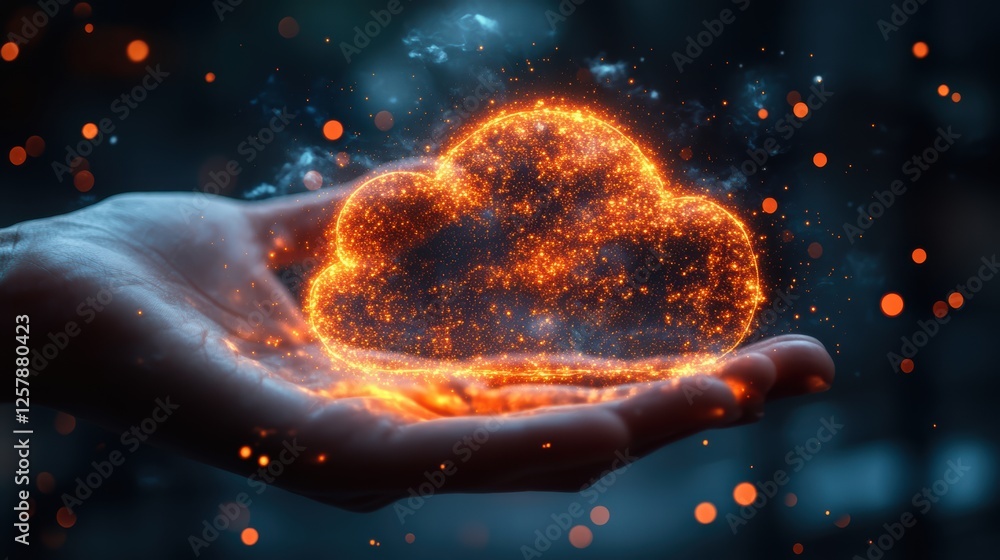 Poster hand holding a glowing cloud icon with data and cyber network connections on a black background conc