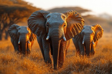 Fototapeta premium African Elephants Walking Through Golden Grassland at Sunset