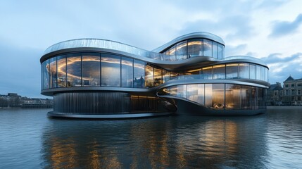 Obraz premium Business complex with an innovative floating structure, steel and transparent glass