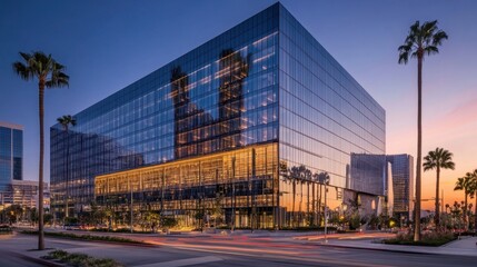 Business district of LA, modern office buildings with glass facades reflecting the warm evening light