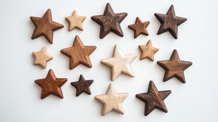 Christmas composition. Wooden decorations, stars on white background. Christmas, winter, new year...