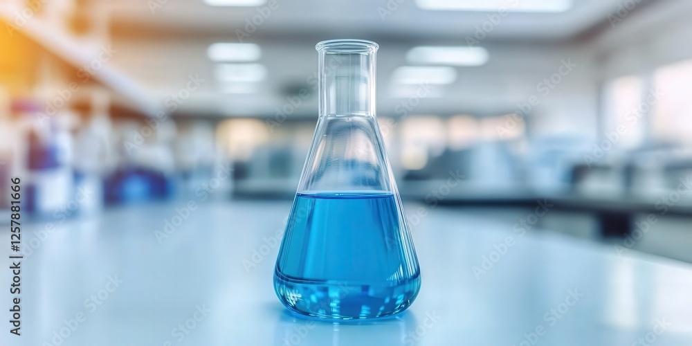 Poster laboratory experiment blue liquid in flask science lab close-up shot modern environment focused
