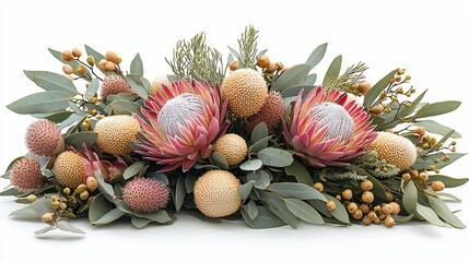 Elegant Protea flower arrangement, studio shot, white background, wedding decor