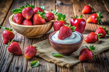 Sunlit panoramic: vibrant strawberries, creamy yogurt, rustic wood. Healthy breakfast bliss.