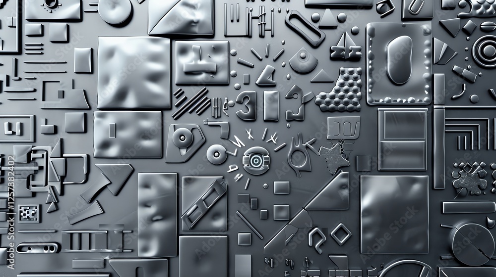 Poster an abstract background with geometric shapes on a metallic surface.