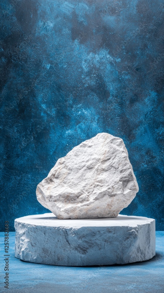 Poster a large, textured rock is positioned on a round podium, highlighting its unique features against a s