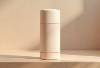 Minimalist solid deodorant tube in soft pastel color on wooden surface with clean shadows, eco-conscious natural beauty concept.