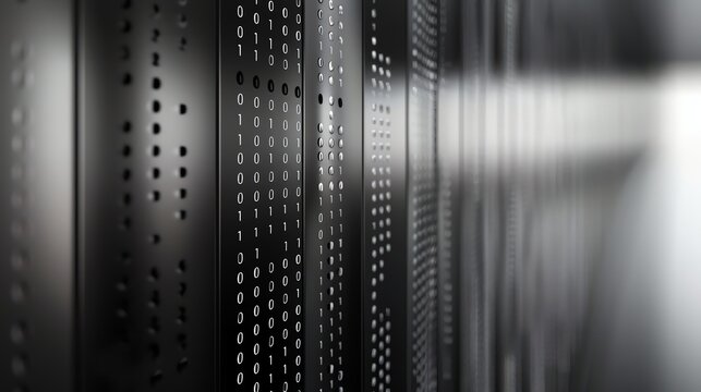 A close-up of a server rack with rows of binary code.