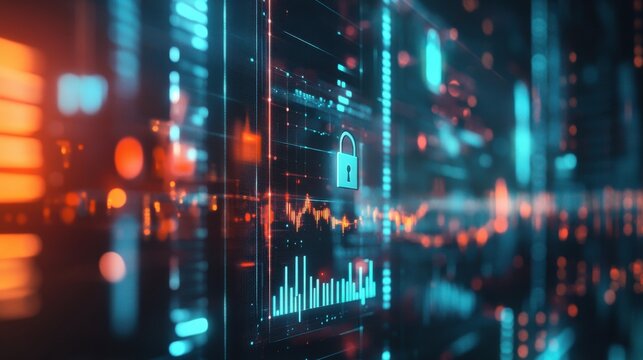 Abstract internet safety and security interface with padlock and business charts on blurry blue background. Secure and cyber concept. 3D Rendering - Powered by Adobe