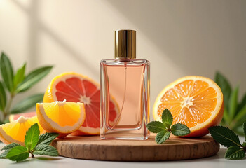 Elegant transparent women's perfume bottle surrounded by fresh oranges, grapefruits, and mint leaves on a wooden tray, fragrant beauty concept.