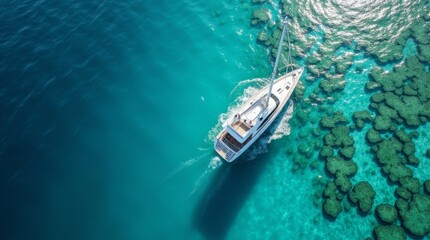 Fototapeta premium Aerial View of a White Sail Yacht Near a Vibrant Coral Reef in Turquoise Waters