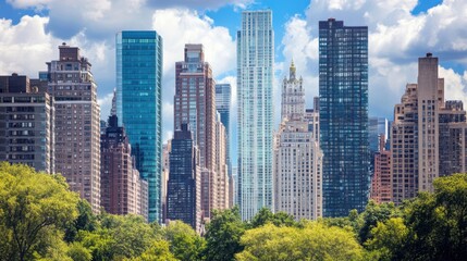 Obraz premium City skyline with towering skyscrapers, blending steel, glass, and white exteriors
