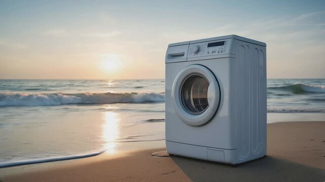 Washing machine on the beach during sunset with waves gently crashing around it
