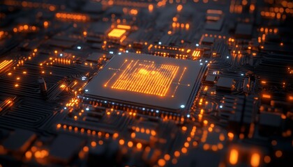 Fototapeta premium Glowing CPU, Circuit board with illuminated processor, Futuristic technology concept.