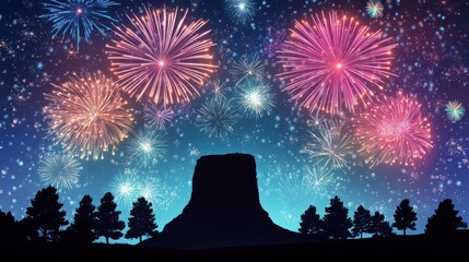 beautiful display of fireworks with Devils Tower national monument silhouetted in the background