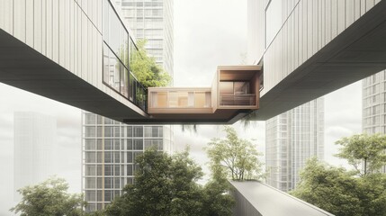 Fototapeta premium Conceptual architecture featuring a house suspended between two skyscrapers
