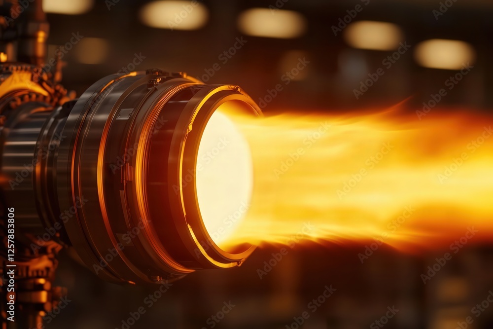 Poster rocket engine test firing close-up industrial facility high-resolution image dynamic environment tec