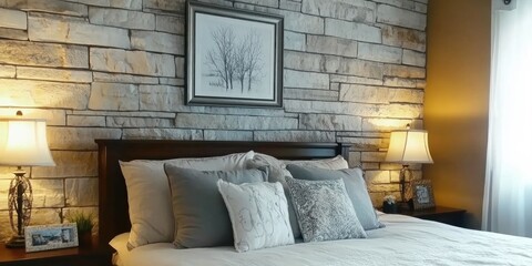 Peaceful Bedroom with Soft Bedding, Decorative Pillows, and Ambient Lighting for Relaxation