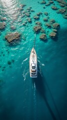 Fototapeta premium Aerial View of a White Sail Yacht Near a Vibrant Coral Reef in Turquoise Waters