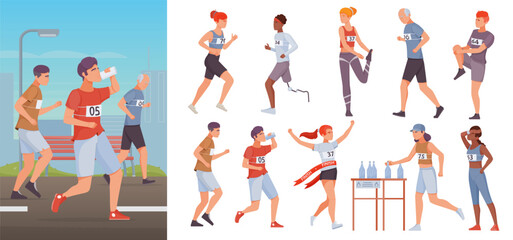 City marathon hand drawn illustrations and icons