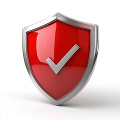 A 3D glossy security shield icon, bright red and silver colors, digital encryption and firewall protection, sleek reflective surface, isolated