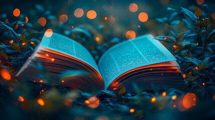 Enchanted book glowing at night, surrounded by plants, magical bokeh background; fantasy, fairytale