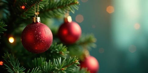 Blurred background highlights a decorated Christmas tree with colorful baubles , shiny, out of focus
