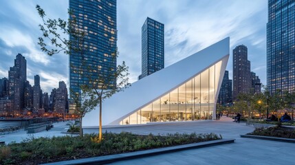 Obraz premium Corporate headquarters with a sleek white exterior and modern urban surroundings
