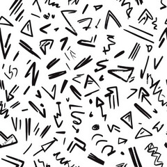 A lively hand-drawn sketch pattern of intersecting arrows, geometric symbols, and random lines. Some arrows are looping, while others twist and turn unexpectedly, creating a visually intriguing, fun,