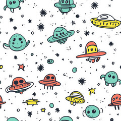 A quirky alien and UFO doodle pattern with tiny flying saucers and galaxy elements