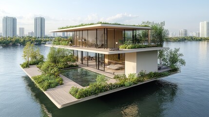 Obraz premium Luxury floating house, city skyline, river, tranquil