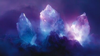 Glowing Crystal Peaks Dramatic Purple Blue Landscape. AI Generated