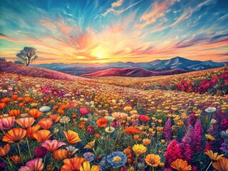 Black Line Art Blooming Flowers Boho Style Landscape Photography Stock Photo