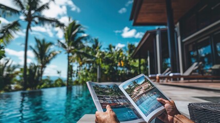 A person reading a magazine while lounging by a pool on a sunny day.