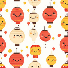 A playful, cartoon-style Lunar New Year lantern pattern with cute smiling faces