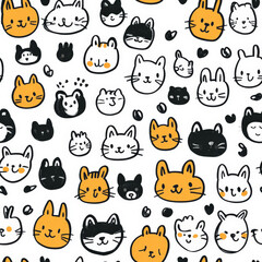 A seamless doodle pattern of tiny, smiling animal faces drawn in a childlike style, featuring cats, dogs, bears, and rabbits with exaggerated features and imperfect sketchy lines, creating a friendly
