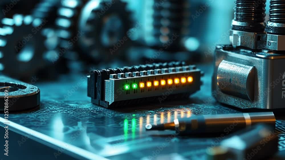 Poster programmable logic controller plc showing green and orange lights is lying on a workbench with metal