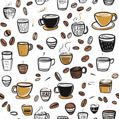 A quirky doodle pattern of different coffee cups, beans, and steaming mugs
