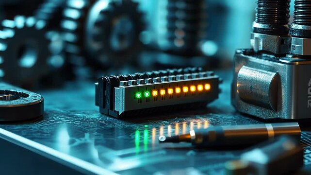 Programmable logic controller plc showing green and orange lights is lying on a workbench with metal gears and other equipment in the background. Suggesting industrial automation and control systems
