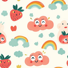 A seamless pattern of smiling strawberries, tiny pastel rainbows, and cheerful clouds with big eyes.