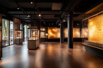 Modern museum interior showcasing intricate artifacts and golden displays in vibrant setting