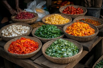 Fototapeta premium Vibrant assortment of fresh vegetables displayed in woven baskets at a bustling market in the late afternoon