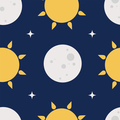 Seamless pattern with shining suns, full moons and twinkling stars. Hand drawn simple vector illustration in flat design.