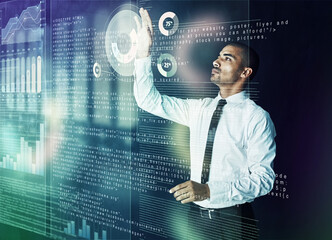Man, touch and overlay in office for finance, cryptocurrency and interactive dashboard at night. Working late, trader and future tech in hologram for market research, innovation and investment data