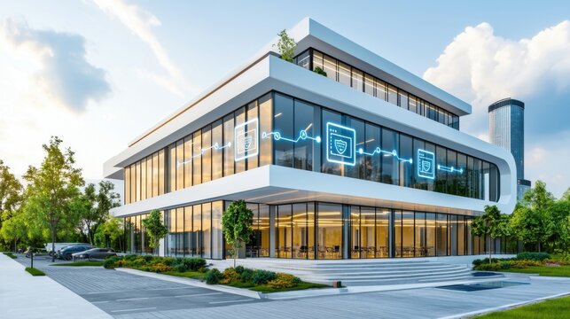 A smart corporate building where every connected IoT device displays a secure status under AI monitoring, symbolizing fully automated enterprise security